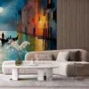 Tranquil night scene on a Venetian canal with gondola in watercolor style||