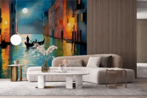 Tranquil night scene on a Venetian canal with gondola in watercolor style||