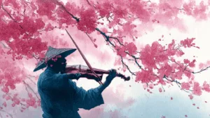 Alternative view of Tranquil Violinist Under Cherry Blossoms Wall Mural