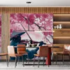 Silhouette of a person playing violin under cherry blossom trees||