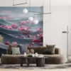 Abstract wallpaper mural with soft dark waves and scattered pink rose petals.||