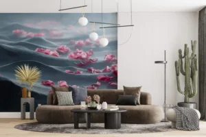 Abstract wallpaper mural with soft dark waves and scattered pink rose petals.||