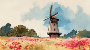 Alternative view of Tranquil Windmill and Flower Field Wall Mural