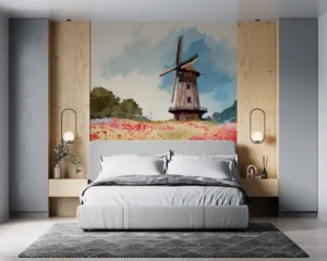 Rustic windmill in a colorful flower field under a soft blue sky||