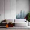 Serene winter landscape with a red cabin and snow-covered evergreen trees||