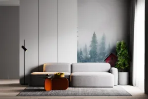 Serene winter landscape with a red cabin and snow-covered evergreen trees||