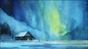 Alternative view of Tranquil Winter Cabin Under Northern Lights Wall Mural