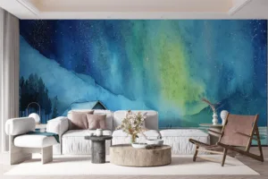 Serene winter landscape with a cabin under the Northern Lights||