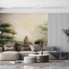 Serene zen garden mural with rock formations and lush greenery