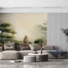 Serene zen garden mural with rock formations and lush greenery||