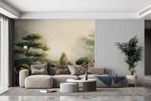 Serene zen garden mural with rock formations and lush greenery||