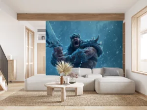 Tryndamere from League of Legends in a wintry landscape|showcasing his battle readiness and strength.|