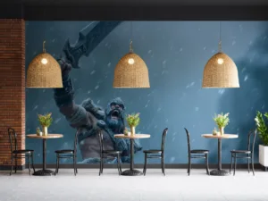 A powerful warrior figure|Tryndamere|raising an ornate sword in a snowy environment.