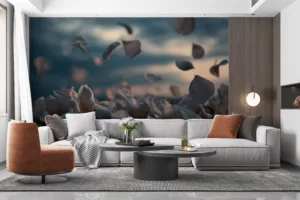 Twilight scene with scattered petals creating a serene atmosphere||