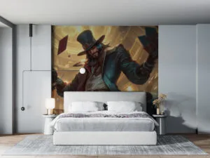 Twisted Fate from League of Legends casting a spell with cards swirling around him.