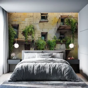 Urban setting with balconies adorned with lush greenery||