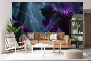Varus from League of Legends drawing his bow in a mystical forest