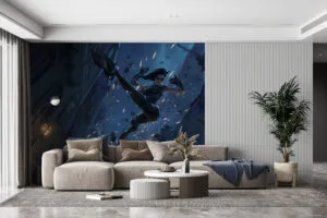 Vayne from League of Legends performing an acrobatic flip in a dramatic urban setting.