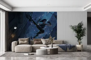 Vayne from League of Legends performing an acrobatic flip in a dramatic urban setting.||