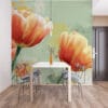 Vibrant illustration of coral tulips with a soft watercolor background.