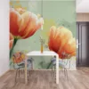Vibrant illustration of coral tulips with a soft watercolor background.||