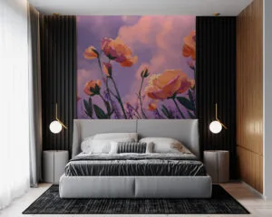 Vibrant flowers against a pastel sky in a serene outdoor setting.