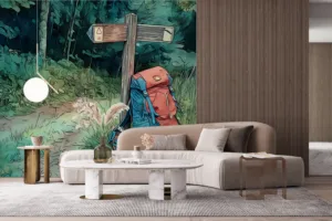 Backpack against wooden signpost in vibrant forest setting||