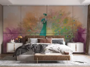 Artistic representation of a colorful peacock with a watercolor background||