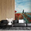 Serene landscape with vibrant red poppies and silhouettes of an adult and child walking through a field