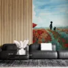 Serene landscape with vibrant red poppies and silhouettes of an adult and child walking through a field||