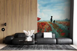 Serene landscape with vibrant red poppies and silhouettes of an adult and child walking through a field||