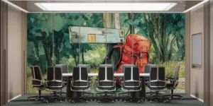 Red backpack resting against a wooden signpost in a green outdoor setting||