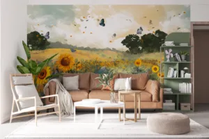 Vibrant sunflower field under a beautiful sky with butterflies.||