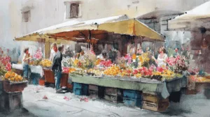 Alternative view of Vibrant Urban Market Scene Wall Mural