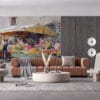 Vibrant watercolor market scene with flowers and produce