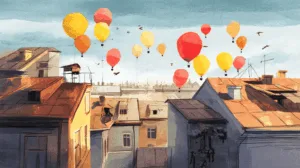 Alternative view of Vibrant Urban Rooftops with Hot Air Balloons Wall Mural