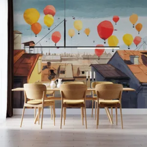 Vibrant urban rooftops with hot air balloons in a light blue sky||