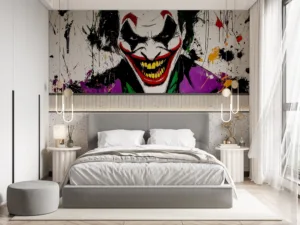 Vibrant portrait of a villainous character with chaotic energy and exaggerated features.||