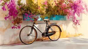 Alternative view of Vintage Bicycle Against Bougainvillea Wall Mural