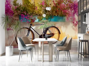 Vintage bicycle leaning against a wall with bougainvillea flowers.||