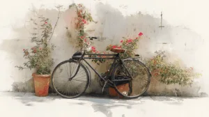 Alternative view of Vintage Bicycle Against Flowering Wall Wall Mural