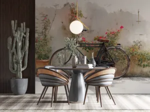 Vintage bicycle leaning against a textured wall with flowering plants||