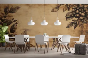 Vintage botanical design with intricate leaf and fruit illustrations in warm tones.||