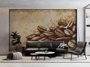 Vintage artwork of coffee beans arranged on a textured background||