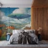 A whimsical scene of a blue whale floating in a vibrant sky over a quaint urban landscape