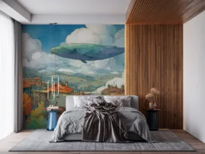 A whimsical scene of a blue whale floating in a vibrant sky over a quaint urban landscape||