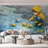 Child playing with paper boats in a puddle