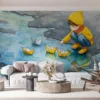 Child playing with paper boats in a puddle|wearing a yellow raincoat and boots.|