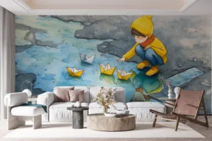 Child playing with paper boats in a puddle|wearing a yellow raincoat and boots.|