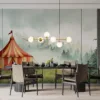 Circus tent in a serene meadow with misty backdrop.||